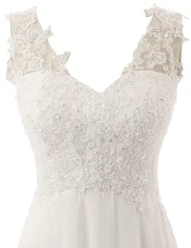 Classic-line vestuvių suknelė su v-kaklo nuotakos suknelė be rankovių balta/dramblio kaulo traukinio uodega bažnyčios suknelė aplikacijos, nėrinių vestuvinė suknelė 21335