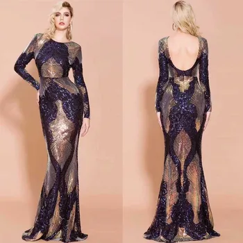 Didmeninė 2019 Naujas moters suknelė mėlyna China ilgomis rankovėmis Backless Luxury Boutique įžymybė kokteilis ilga suknelė