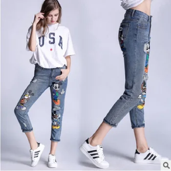 DISNEY džinsai moteris pavasario naujų spausdinti Mickey skylę, didelio dydžio moteriški užsienio prekybos mažų kojų džinsus kankina džinsai moterims