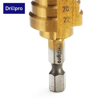 Drillpro 1PC Hex Titano Žingsnis Kūgio formos Grąžtas Skylę Cutter 4-22MM HSS 4241 Lakštinio Metalo Gręžimo Medienos apdirbimo Įrankius