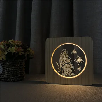 Drugelis Gėlės 3D LED Arylic Mediniai Naktį Lempos Lentelė Šviesos Jungiklis Kontrolės Drožyba Lempa Draugais Ventiliatorius Dovana Dropshipping
