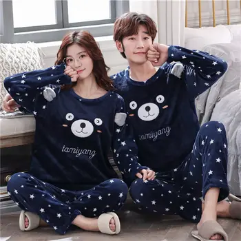 Dviejų Dalių Komplektas Korėjos Flanelė Pižama, Žiemą Šilta Pora Sleepwear Namų Drabužių Koralų Vilnos Storas Pižamos Moterims, Vyrams Pijama Mujer
