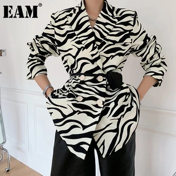 [EAM] Moterys Zebra Modelis didelio Dydžio Švarkas Naujas Atvartas ilgomis Rankovėmis Palaidi Tinka Striukė Mados Banga Pavasario Rudens 2021 1DB329