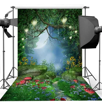 Enchanted Miško Fone Grybai ir Pasakų Žibintai Nuotrauka Fone Pasakų Miško Vaikai, Vaikas, Gimtadienio Backdrops