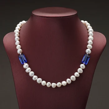 Feige Specialus pasiūlymas Baroko stiliaus 7-8MM Baltos spalvos Gėlavandenių Perlų Vėrinį Moterų Blue Crystal De moda Apykaklės Pearl Fine Jewelry
