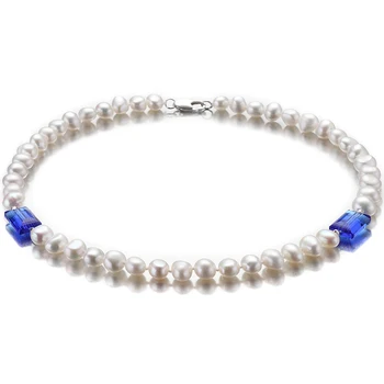 Feige Specialus pasiūlymas Baroko stiliaus 7-8MM Baltos spalvos Gėlavandenių Perlų Vėrinį Moterų Blue Crystal De moda Apykaklės Pearl Fine Jewelry