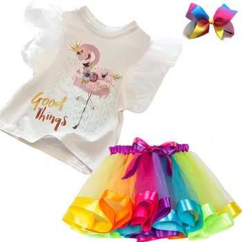 Flamingo Viršūnes+Tutu Suknelė Princesė Dress Vaikai Kūdikio Gimtadienio 2vnt Komplektus Vaikų Šalis Bamblys Mergaičių Drabužių Dydis 3-8 Metų
