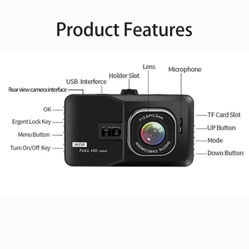 Full HD 1080P 3 Colių Automobilių DVR Dual Camera Lens Vaizdo įrašymo Naktinio Matymo Plataus Kampo Dashcam Stovėjimo Stebėti Brūkšnys Kamera Registratorius