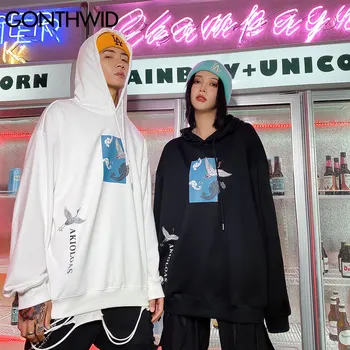 GONTHWID Japonų Stiliaus Kranai Kinų Simbolių Spausdinimo Palaidinės Hoodies Streetwear Hip-Hop Harajuku Gobtuvu Prakaitas Marškinėliai Topai
