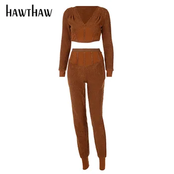 Hawthaw Moteris Rudens-Žiemos Ilgos Rankovės Apkarpyti Viršūnes Ilgas Kelnes Namų Outwear Streetwear Dviejų Dalių Rinkinys, 2021 Moterų Drabužiai