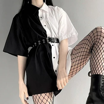HEYounGIRL Kratinys Juoda Balta Punk Dress Moterų Atsitiktinis Palaidų Trumpos Suknelės Ponios Harajuku Vasaros Korėjos Suknelė Streetwear