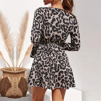 HiloRill Seksualus Leopard Suknelė Moterims Vasarą-Line Suknelė Raukiniai Blyksnius Rankovėmis V-Kaklo, Mini Wrap Suknelės, Šaliai, Vestidos Verano 2020 M.