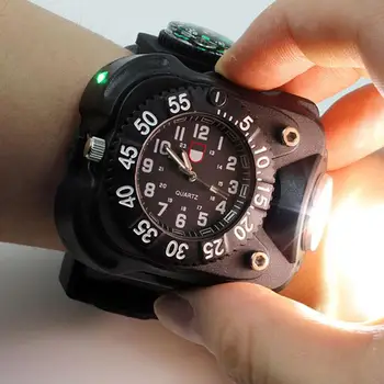 HiMISS in1 Super Ryškus LED Watch Žibintuvėlis atsparus Vandeniui Žibintuvėlis, Kompasas šviesos Lauko Sporto Įkrovimo Mens Riešo Žiūrėti