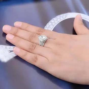 Hutang 2vnt Silive 925 Moterų Žiedas Rinkiniai 2.25 ct Kriaušių Imituojamas Diamond Vestuvės Vestuvinis Žiedas ir Vestuvių