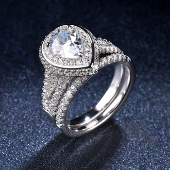 Hutang 2vnt Silive 925 Moterų Žiedas Rinkiniai 2.25 ct Kriaušių Imituojamas Diamond Vestuvės Vestuvinis Žiedas ir Vestuvių
