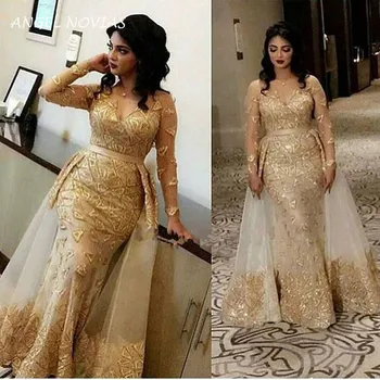 Ilgomis Rankovėmis Elegantiškas Aukso Undinė Nėrinių V Kaklo arabų Elegantiškas vakarinę Suknelę 2020 m., su Nuimamu Sijonu Abiye Elbiseleri