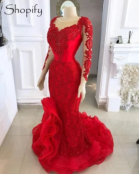 Ilgomis Rankovėmis Undinė Arabų Moterų Vakarinę Suknelę 2020 M. Afrikos Raukiniai Raudona Sheer Lace Dubajus Oficialią Šalies Chalatai