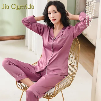 J&Q, Satino, Šilko Pajama 2019 Nauji 2vnt Sleepwear Lounge Suit Moterims Purple Elegantiškas, Blizgus Kvėpuojantis Raukšlių Atsparus Satino Pižama 32965