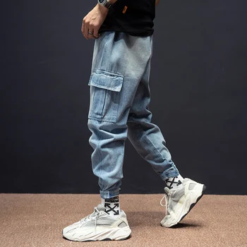 Japonijos Vintage Mados Vyrai Džinsai Palaidi Tinka Didelis Kišenėje Atsitiktinis Džinsai Krovinių Kelnės Hombre Streetwear Hip-Hop Džinsai Vyrų Haremas Kelnės