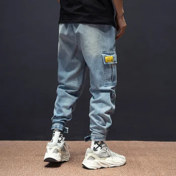 Japonijos Vintage Mados Vyrai Džinsai Palaidi Tinka Didelis Kišenėje Atsitiktinis Džinsai Krovinių Kelnės Hombre Streetwear Hip-Hop Džinsai Vyrų Haremas Kelnės