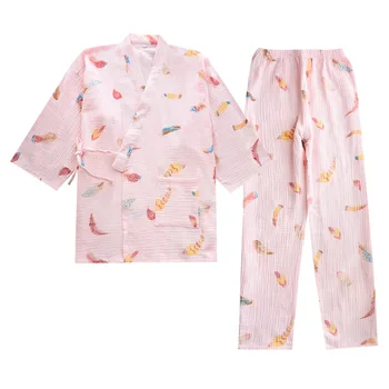 Japonų Kimono Pižama Moterims Medvilnės Marlės, Krepo Sleepwear 7 Ketvirčių Rankovėmis V-Kaklo, Seksualus naktiniai drabužiai Namų Pijama Gabalas 2