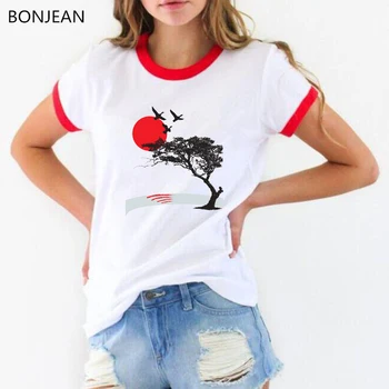 Japonų stiliaus moteris marškinėlius 2019 raudona saulėlydžio ievų Žiedų print t shirt vasaros harajuku marškinėliai femme balta camisetas mujer