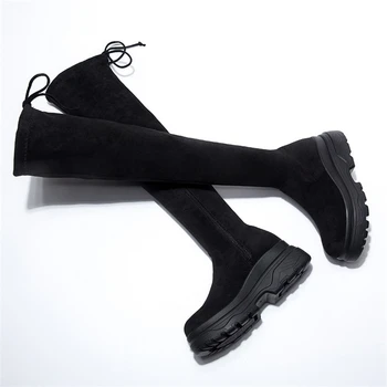 JIANBUDAN Platforma pleišto moterų rudenį pušnys Žiemos pliušinis per kelius siekiantys batai Seksuali Moteris ruožas aukšto kulno batai 34-40