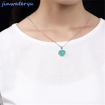 Jinwateryu naujas modelis, bižuterijos mėlyna chalcedony širdies Pakabučiai 925 sterling Silver blue stone moterys, pakabučiai