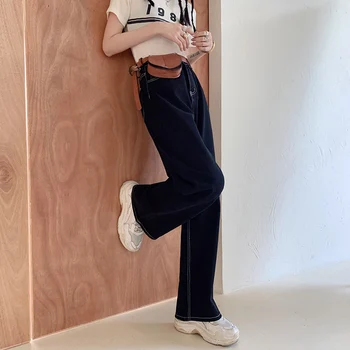 Juoda Straight Džinsai Moterims su Varčias Vaikino Mama Pločio Kojų Džinsai Plius Dydis Aukšto Juosmens Džinsai Streetwear Rudens Žiemos 2020 m.