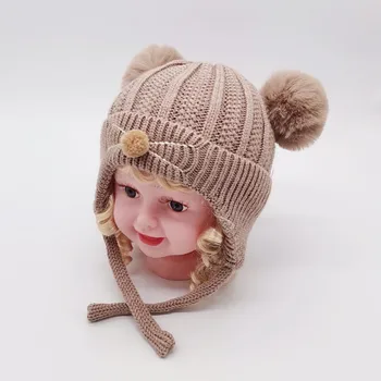 Kakakid Dvigubai Pompom Kūdikių Skrybėlę Žiemos Megzti Vaikams Baby Girl Skrybėlę Ausies Šiltas Vaikams, Kūdikiams Beanie Kepurė Mergaitėms Variklio Dangčio