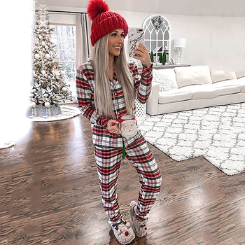 Kalėdų Moterų Pižama Rinkiniai Raudona Plaids Sleepwear Rudens Žiemos Ilgomis Rankovėmis Mygtuką Viršuje, Raišteliu Kelnės Moteriška Pižama 22839