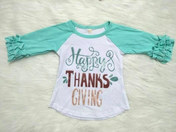 Karšto pardavimo žalios spalvos marškinėliai kūdikių mergaitės, aukštos kokybės, O kaklo laimingas padėkos ilgomis rankovėmis vaikai vaikai laiško viršuje gxj