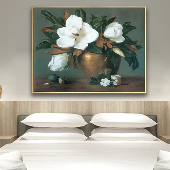 Klasikinio magnolia gėlių dekoracijos drobės spaudiniai aliejaus tapybai atspausdinta ant drobės namų gyvenimo kambario sienos meno apdailos nuotrauką