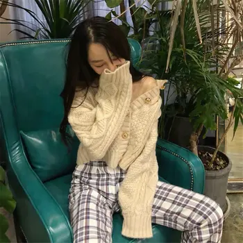 Korėjos Derliaus Elegantiškas Megztinis Jackwt Naujo Dizaino Rudens Suktinis Saldus Elegantiškos Moterys Trumpas Megztiniai Atsitiktinis Trumpas Laisvi, Susagstomi Megztiniai, Paltai 12615