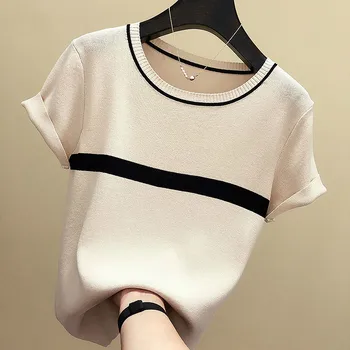 Korėjos Plonas Megzti Marškinėliai Moterims, Baltus Drabužius 2020 M. Vasarą Moteris Trumpomis Rankovėmis Tees Viršūnes Atsitiktinis Palaidinė