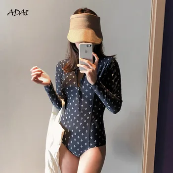 Korėjos Stiliaus Juodu Vienas Gabalas Mielas Maudymosi Kostiumėlį Moteris 2021 Seksualus Bodysuit Maudymosi Kostiumą Užtrauktuko Dizainas, Spausdinimo Backless Plaukti Paplūdimio Drabužiai