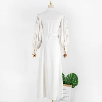 Kpop su diržo Seo Ji Taip pat vasarą naujas baltos spalvos temperamentas elegantiškas Aukšto juosmens suknelė moterys šalis tuščiaviduriai sluoksniuotos rankovėmis ilgos suknelės