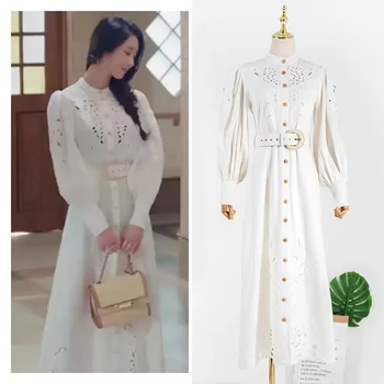 Kpop su diržo Seo Ji Taip pat vasarą naujas baltos spalvos temperamentas elegantiškas Aukšto juosmens suknelė moterys šalis tuščiaviduriai sluoksniuotos rankovėmis ilgos suknelės