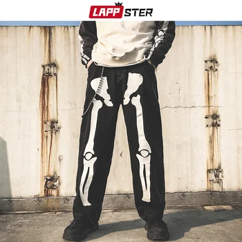 LAPPSTER Vyrų Skeletas Negabaritinių Juoda Džinsai, Kelnės 2020 Džinsinio Mens Streetwear Hip-Hop Haremo Kelnės Aukštos Wasit Džinsinio audinio Kelnės, Kombinezonas