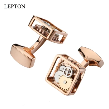 Lepton Rose Gold Square Įrėminti Steampunk Pavarų Žiūrėti Mechanizmą, rankogalių segtukai vyrų Verslo vestuvių rankogalių segtukai Relojes gemelos