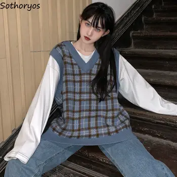 Liemenė Moterims Pledas Derliaus Harajuku Stilingas Gatvės-dėvėti V-kaklo, Rankovių Megztiniai Studentų korėjiečių stiliaus Prarasti Atsitiktinis Mados Chic