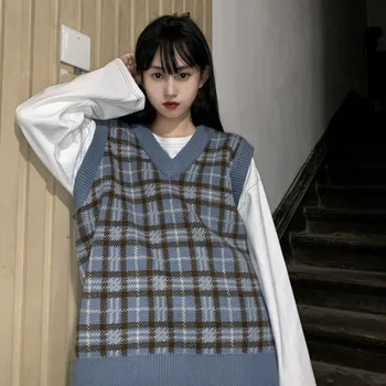 Liemenė Moterims Pledas Derliaus Harajuku Stilingas Gatvės-dėvėti V-kaklo, Rankovių Megztiniai Studentų korėjiečių stiliaus Prarasti Atsitiktinis Mados Chic