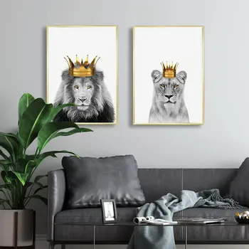 Liūtas Karalius Ir Karalienė Plakatas Aukso Karūną Drobės Tapybos Gyvūnų Sienos Menas Spausdinti Šiuolaikinės Nuotraukos Kambarį Ant Sienos, Namų Dekoro