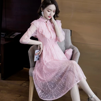 Mada pavasarį moterys patogiai, saldus, elegantiškas lankas suknelė naują atvykimo temperamentas šalies mielas šviežio derliaus pink lace a-line suknelė