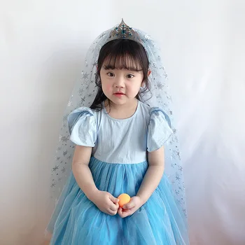 Madinga mėlyna ledo ir sniego princesė formos, aukštos kokybės įdegio siūlai mergina karūna šydas, vaikų mažų karūna šukuosena paprasta