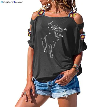 Mados Kūrybos Arklių Marškinėliai Moterims Teeshirt Moterų Drabužių Atsitiktinis Juokinga T marškinėliai trumpomis Rankovėmis marškinėlius Tuščiaviduriai Iš Peties Viršūnės