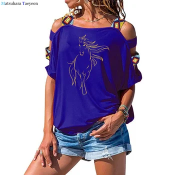 Mados Kūrybos Arklių Marškinėliai Moterims Teeshirt Moterų Drabužių Atsitiktinis Juokinga T marškinėliai trumpomis Rankovėmis marškinėlius Tuščiaviduriai Iš Peties Viršūnės