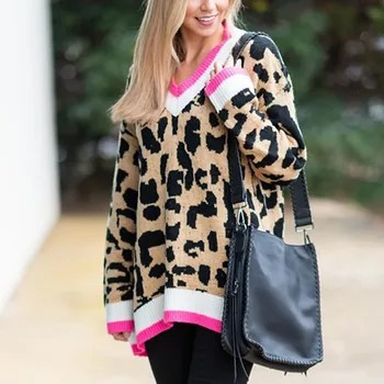 Mados V-kaklo, moteriški megztiniai 2019 Seksualus Madinga Leopardas Spausdinti Rudens Žiemos Trikotažo Kratinys ilgomis Rankovėmis Puloveriai jersey mujer 13152