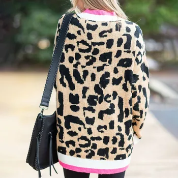 Mados V-kaklo, moteriški megztiniai 2019 Seksualus Madinga Leopardas Spausdinti Rudens Žiemos Trikotažo Kratinys ilgomis Rankovėmis Puloveriai jersey mujer