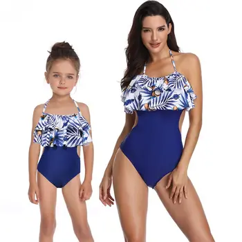 Mamytė ir man maudymosi kostiumėlį motina dukra drabužius šeimos atitikimo suknelės diržas blue paplūdimio big little sesuo bikini komplektas komplektai